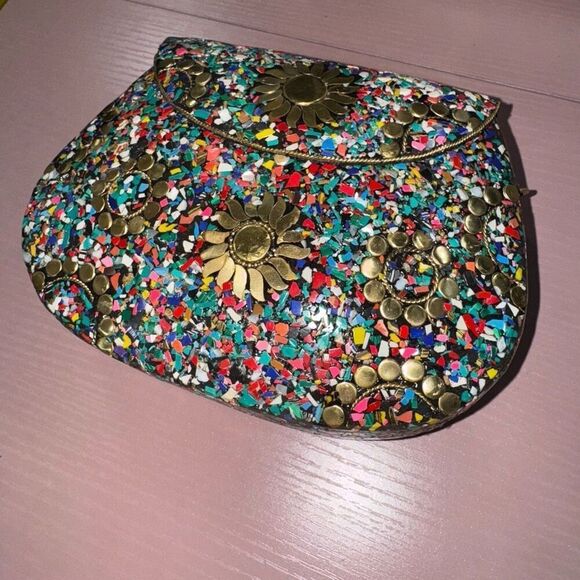 New RAMLA Bel Air mosaic multicolor sunflower clutch shoulder evening bag - Picture 3 of 6